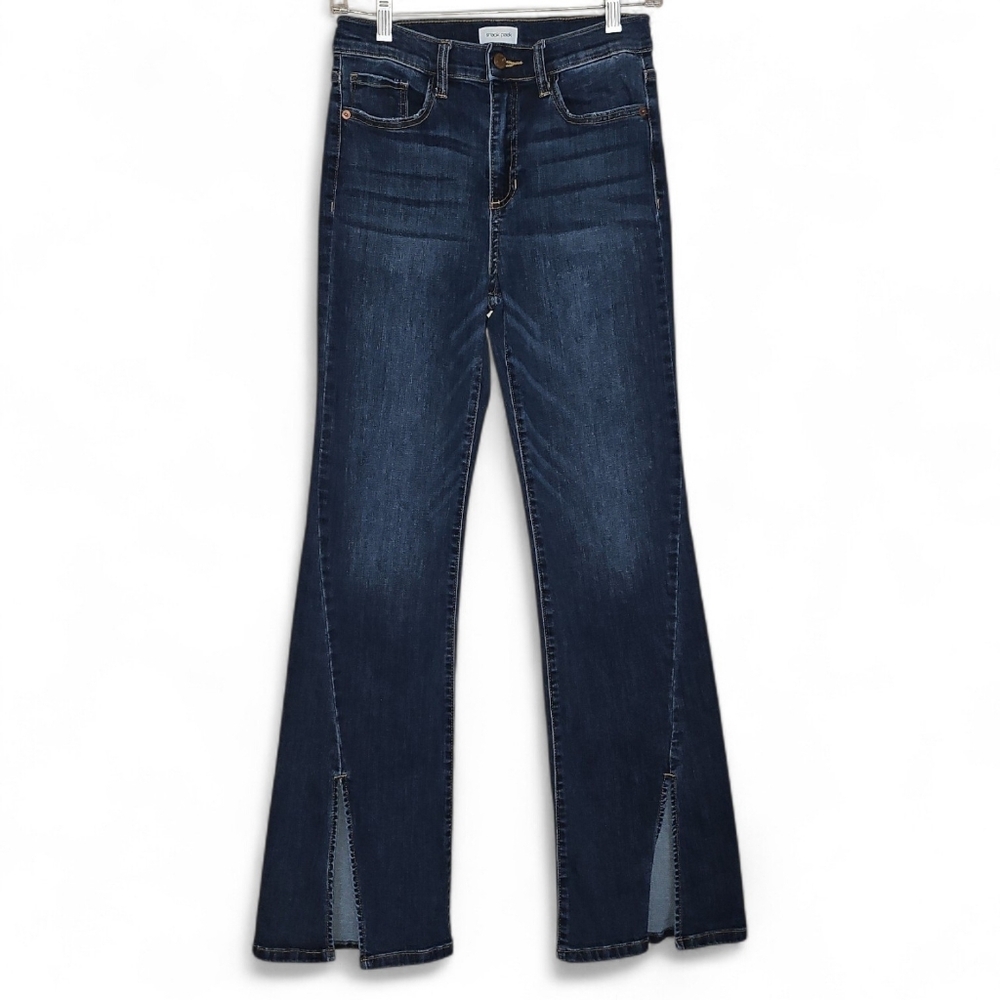 Sneak Peek Dark Wash Boho Flare Jeans with Side Slit & High Waist 26 - Picture 2 of 13